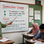 Teacher explaining semicolon usage on classroom whiteboard with examples showing how to link two complete sentences and clarify lists