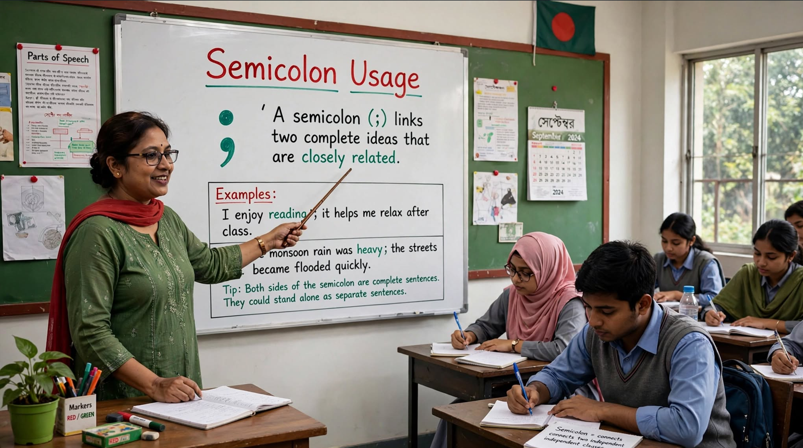 Teacher explaining semicolon usage on classroom whiteboard with examples showing how to link two complete sentences and clarify lists