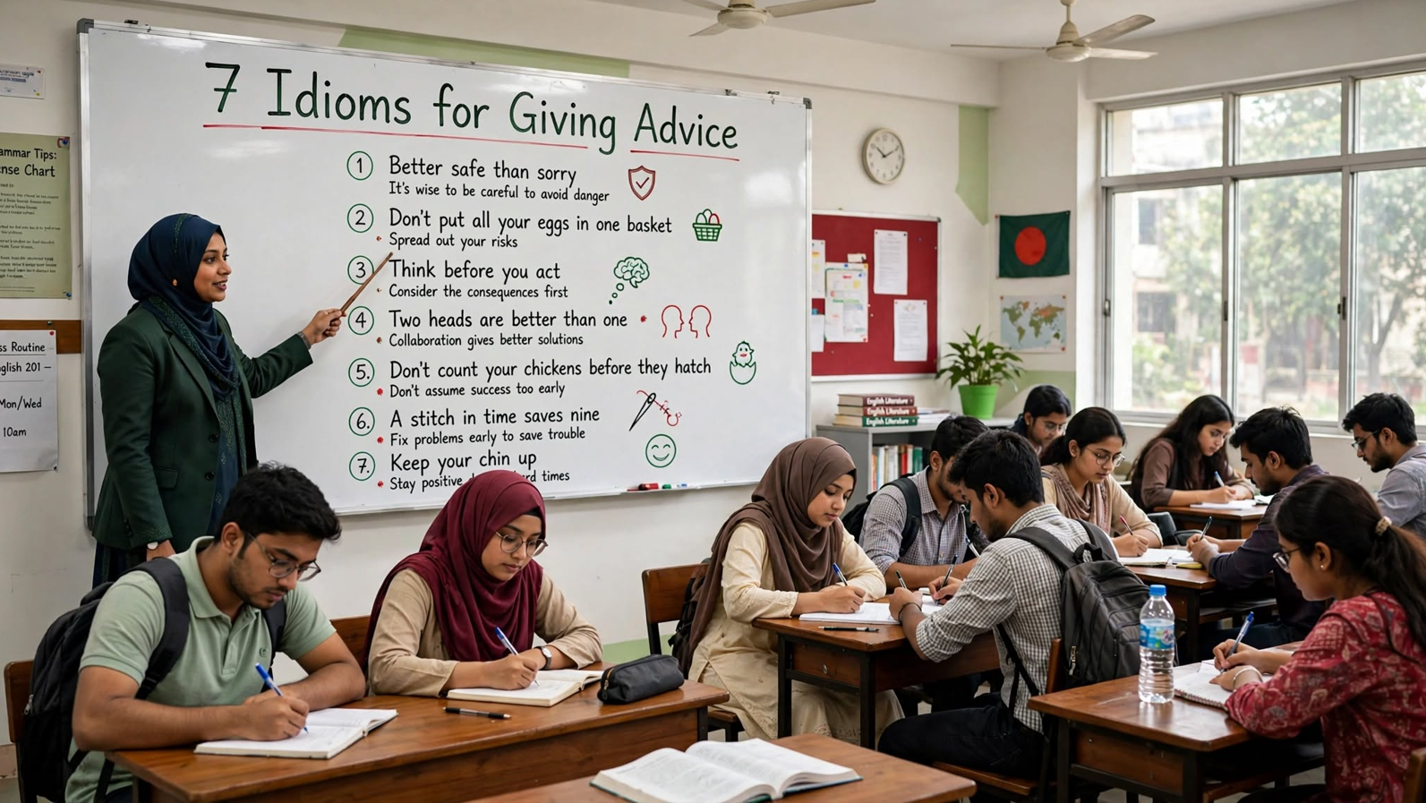 Teacher explaining seven English idioms for giving advice on a classroom whiteboard chart with examples.