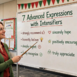 Teacher explaining seven advanced expressions with intensifiers on a classroom whiteboard, showing collocations like strongly recommend, deeply regret, sincerely hope, and truly appreciate