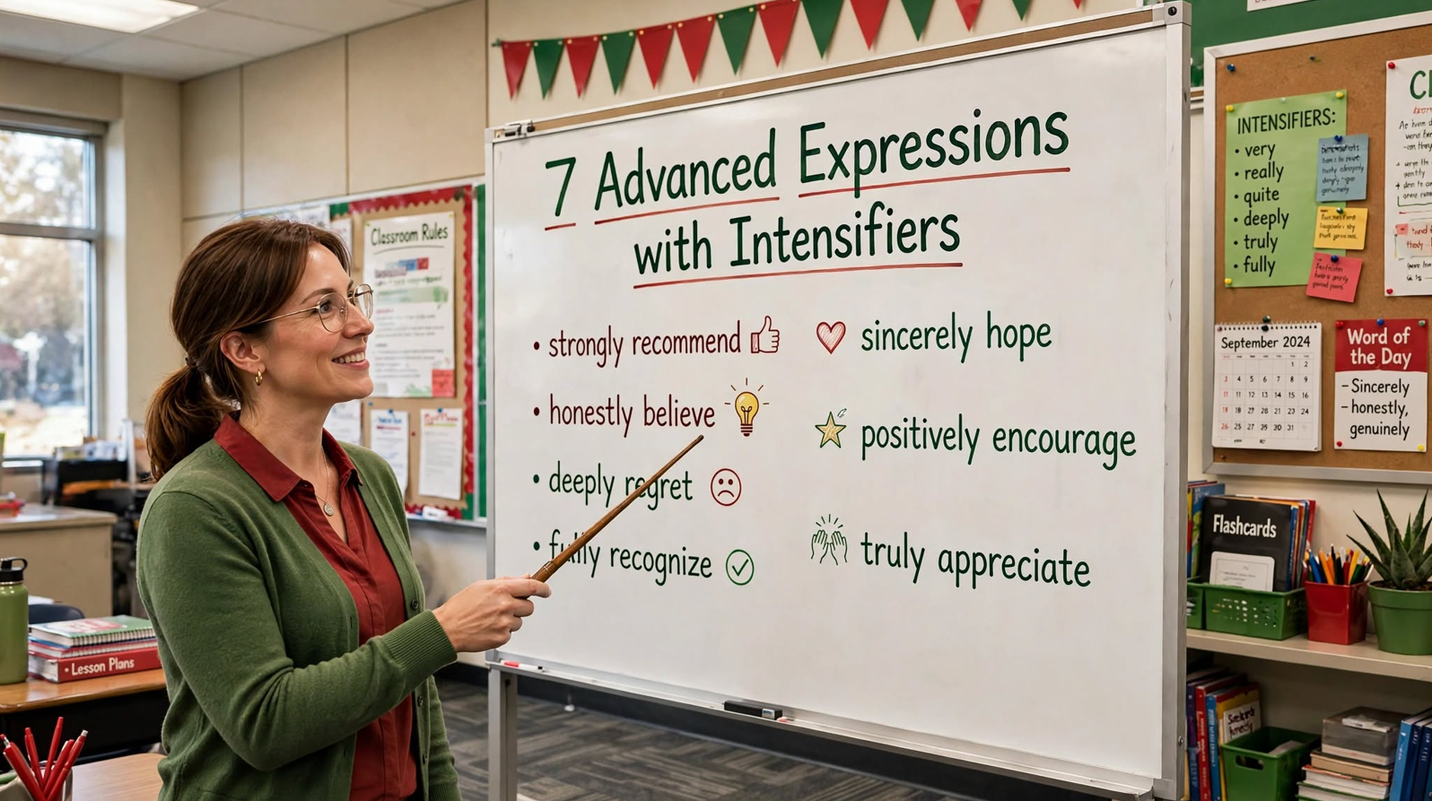 Teacher explaining seven advanced expressions with intensifiers on a classroom whiteboard, showing collocations like strongly recommend, deeply regret, sincerely hope, and truly appreciate