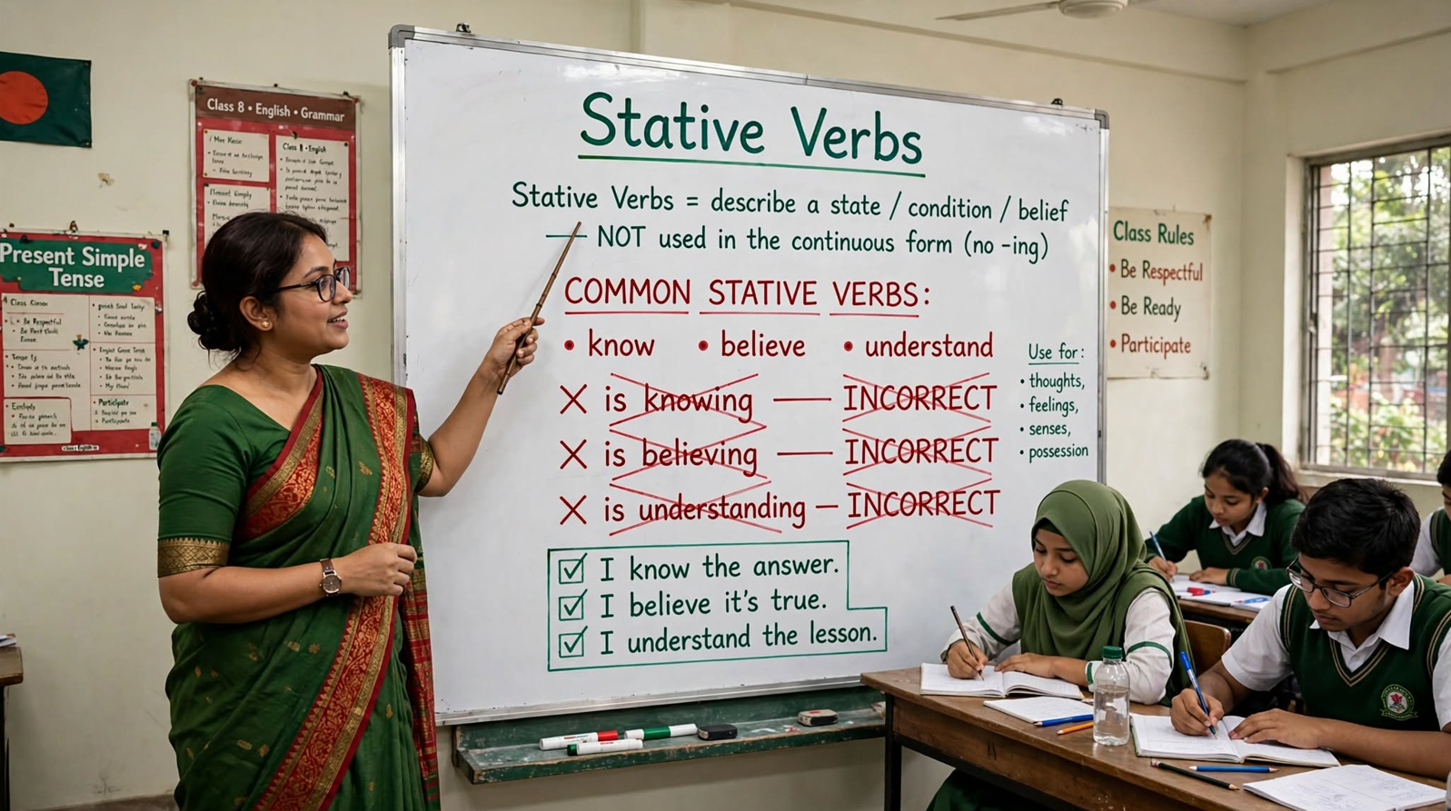 Teacher explaining stative verbs on classroom whiteboard showing examples like know, believe, and understand with correct and incorrect usage