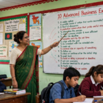 Teacher explaining ten advanced business expressions on a classroom whiteboard with examples and definitions for professional English communication