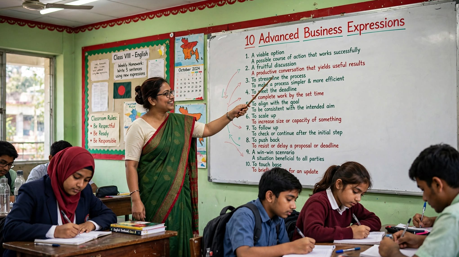 Teacher explaining ten advanced business expressions on a classroom whiteboard with examples and definitions for professional English communication
