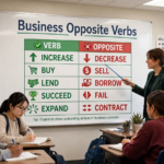 Teacher explaining ten business opposite verb pairs on a classroom whiteboard with examples and definitions for professional English use.