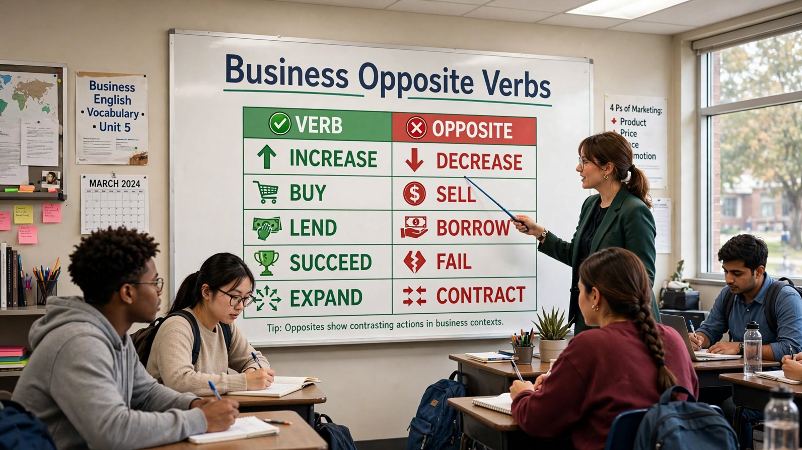 Teacher explaining ten business opposite verb pairs on a classroom whiteboard with examples and definitions for professional English use.