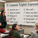 Teacher explaining ten common English expressions on a classroom whiteboard with icons and meanings for everyday communication