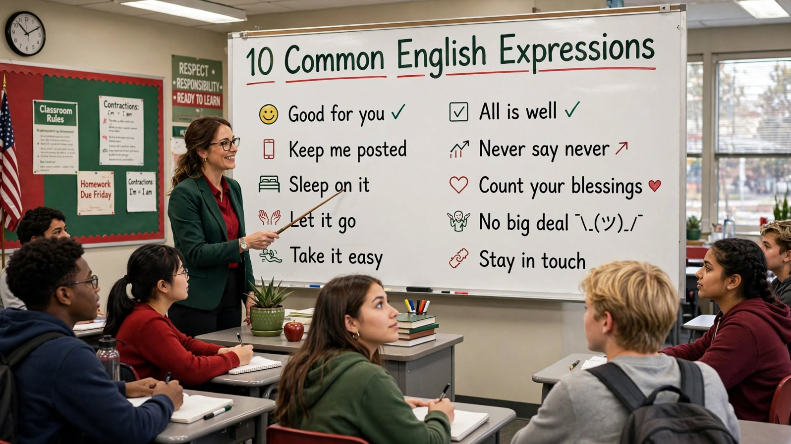 Teacher explaining ten common English expressions on a classroom whiteboard with icons and meanings for everyday communication