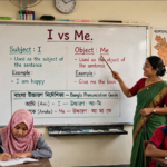 Teacher explaining the difference between I and me on a classroom whiteboard showing subject and object pronoun usage with example sentences