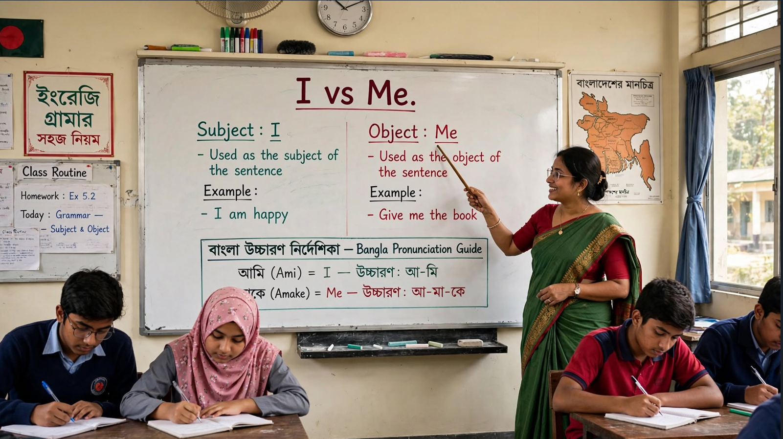 Teacher explaining the difference between I and me on a classroom whiteboard showing subject and object pronoun usage with example sentences