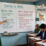 Teacher explaining the difference between during and while on a classroom whiteboard showing during plus noun and while plus subject plus verb structures