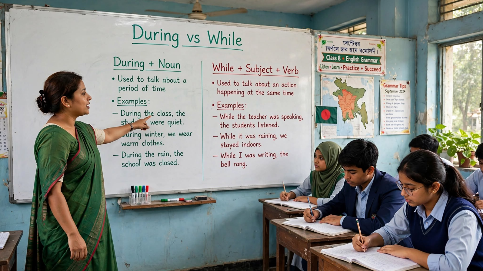 Teacher explaining the difference between during and while on a classroom whiteboard showing during plus noun and while plus subject plus verb structures
