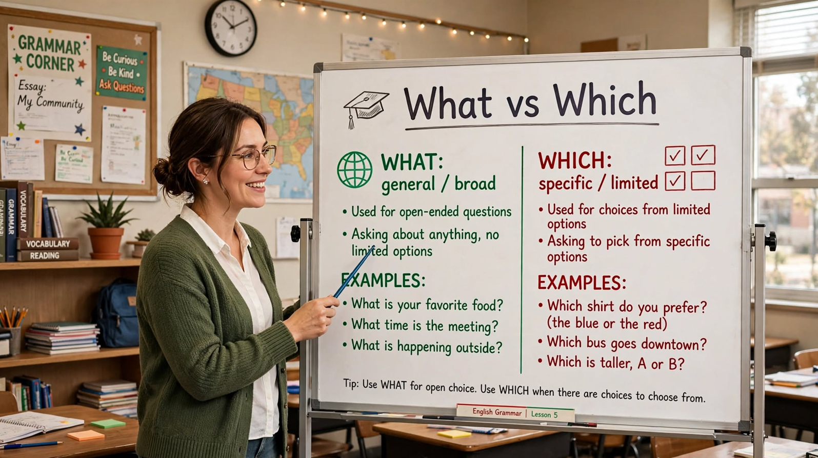 Teacher explaining the difference between what and which question words on a classroom whiteboard with examples of general and specific questions