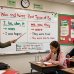 Teacher explaining the past tense of the verb to be on a whiteboard with was and were examples for singular and plural subjects.