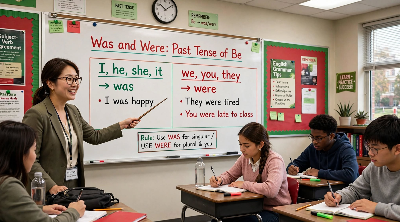 Teacher explaining the past tense of the verb to be on a whiteboard with was and were examples for singular and plural subjects.