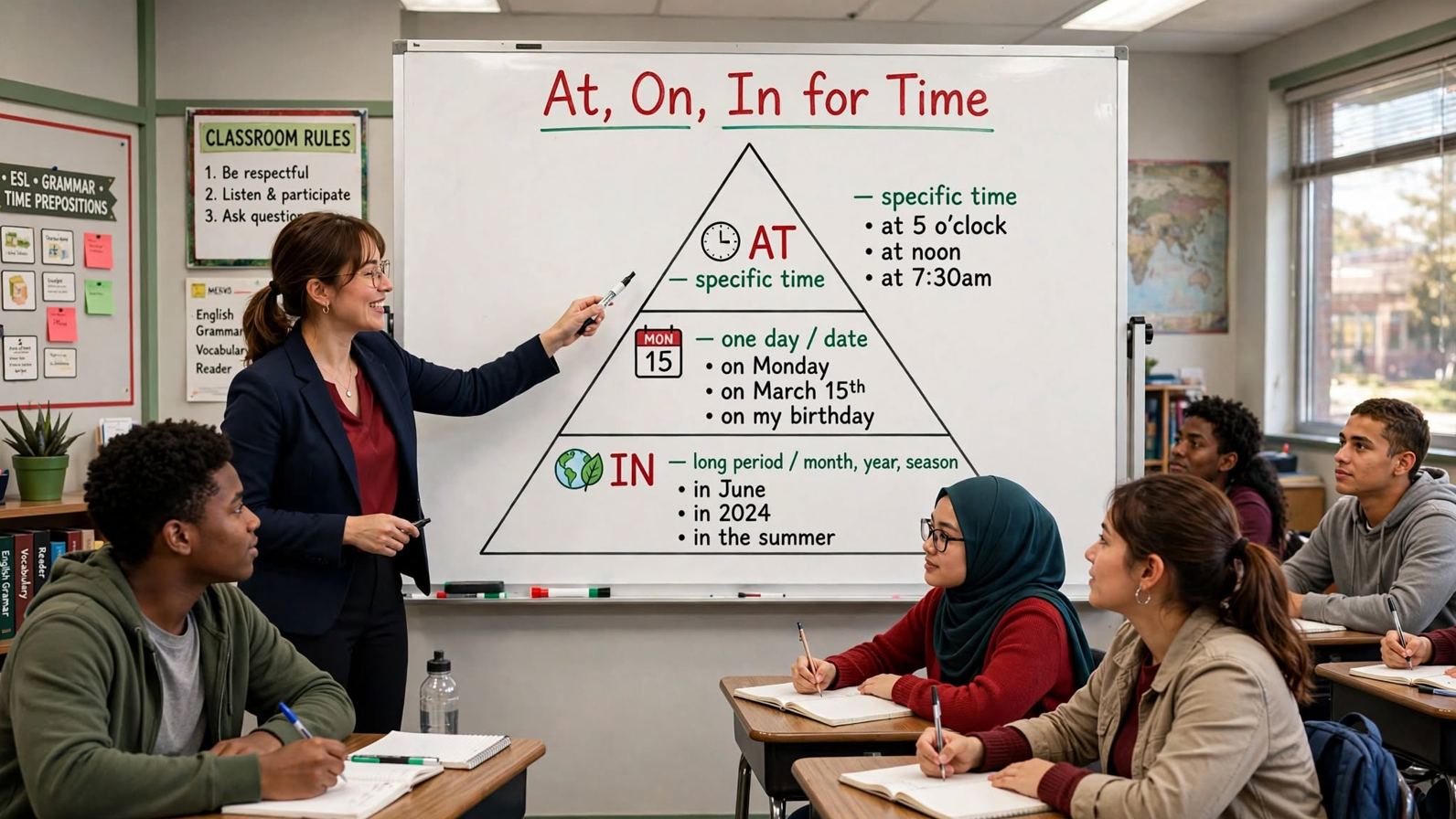 Teacher explaining the triangle method for prepositions of time at, on, and in on a whiteboard with a diagram showing specific times, days, and long periods