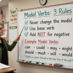 Teacher explaining three rules for modal verbs on a classroom whiteboard with examples of correct and incorrect modal verb usage
