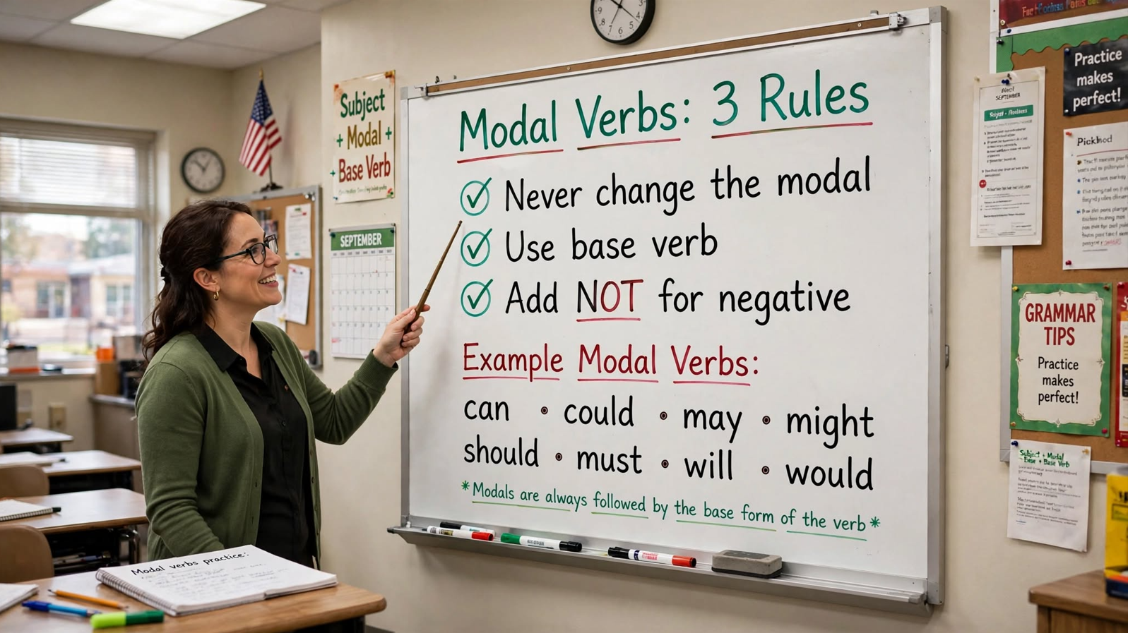 Teacher explaining three rules for modal verbs on a classroom whiteboard with examples of correct and incorrect modal verb usage