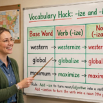 Teacher explaining vocabulary hack using -ize and -ization suffixes on a whiteboard with columns for base words, verbs, and nouns