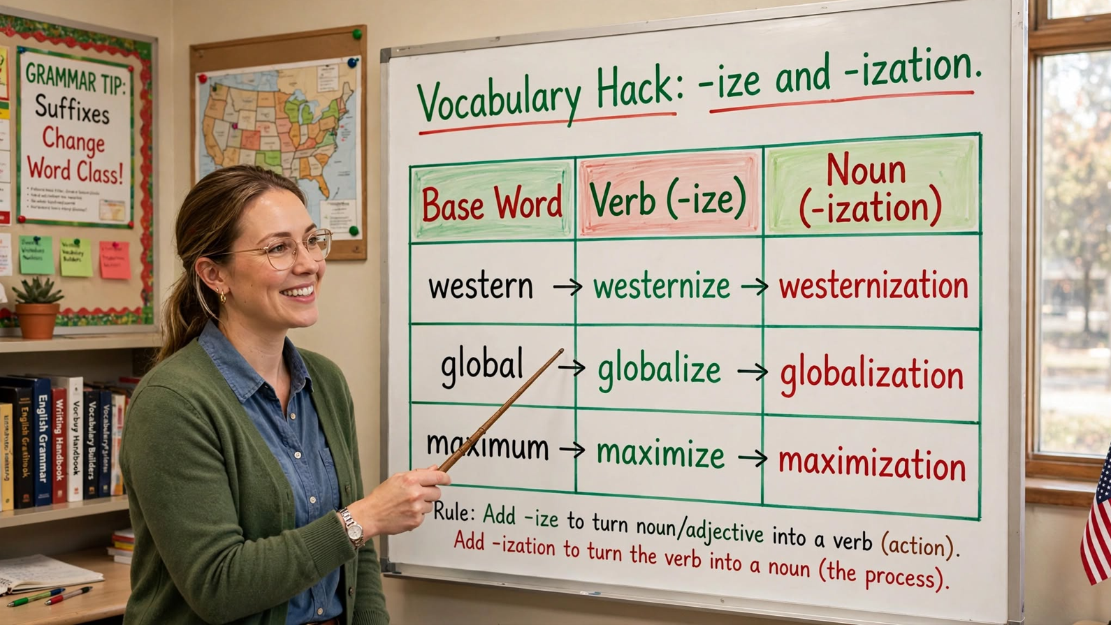 Teacher explaining vocabulary hack using -ize and -ization suffixes on a whiteboard with columns for base words, verbs, and nouns
