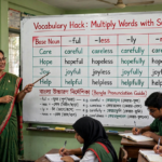 Teacher explaining vocabulary hack with suffixes on a classroom whiteboard showing how to add -ful, -less, -ly, and -ness to base nouns to create new words