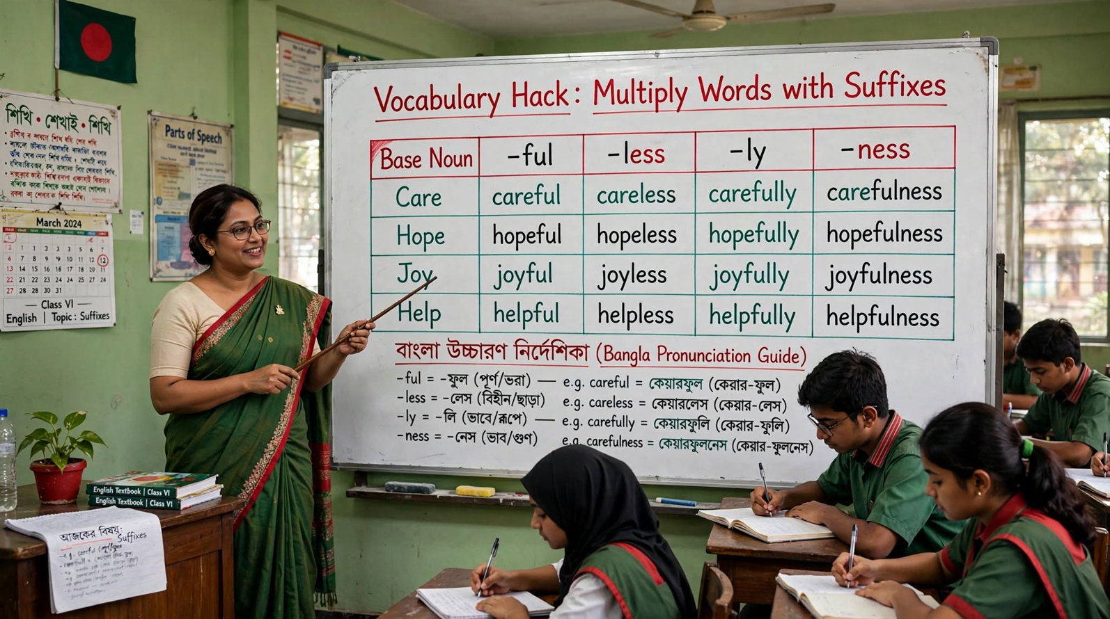 Teacher explaining vocabulary hack with suffixes on a classroom whiteboard showing how to add -ful, -less, -ly, and -ness to base nouns to create new words
