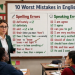 Teacher pointing to a whiteboard listing the 10 worst English mistakes with spelling and speaking errors marked incorrect and correct
