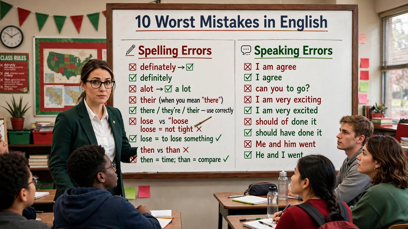 Teacher pointing to a whiteboard listing the 10 worst English mistakes with spelling and speaking errors marked incorrect and correct