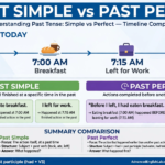 Timeline infographic showing past simple vs past perfect difference - 645 took shower, 700 ate breakfast, 715 left for work, and past perfect before I left I had eaten and had taken shower