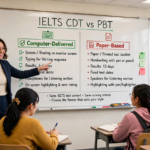 eacher explaining IELTS computer-delivered vs paper-based test on a classroom whiteboard with comparison chart and key differences