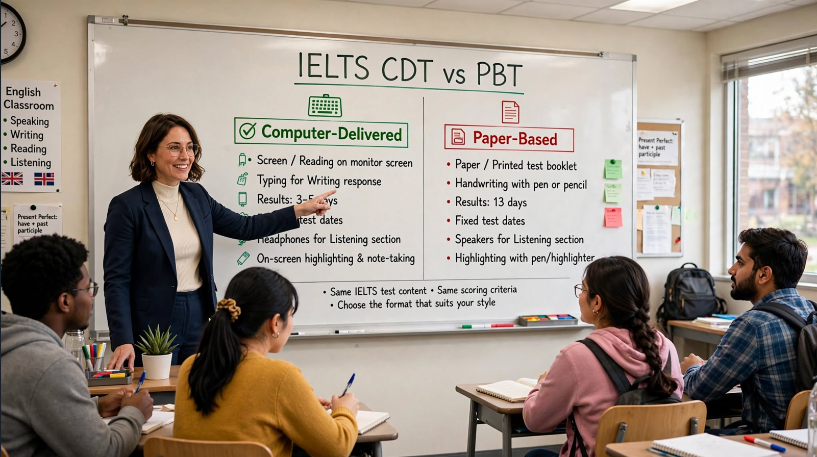 eacher explaining IELTS computer-delivered vs paper-based test on a classroom whiteboard with comparison chart and key differences