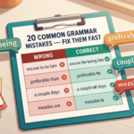 20 Common English Grammar Mistakes blog header showing wrong vs correct sentences — excuse to be vs excuse for being, preferable than vs preferable to, couple days vs couple of days