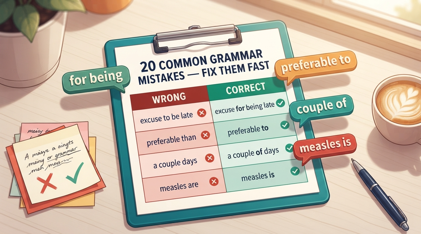 20 Common English Grammar Mistakes blog header showing wrong vs correct sentences — excuse to be vs excuse for being, preferable than vs preferable to, couple days vs couple of days
