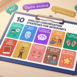English Conversation Strategies for Introverts blog header showing 10 tips — lead the conversation, reduce anxiety, deepen the conversation, talk like a person, make it about them, and more