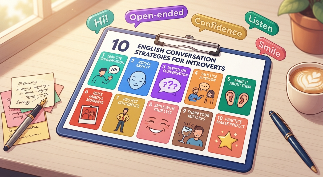 English Conversation Strategies for Introverts blog header showing 10 tips — lead the conversation, reduce anxiety, deepen the conversation, talk like a person, make it about them, and more