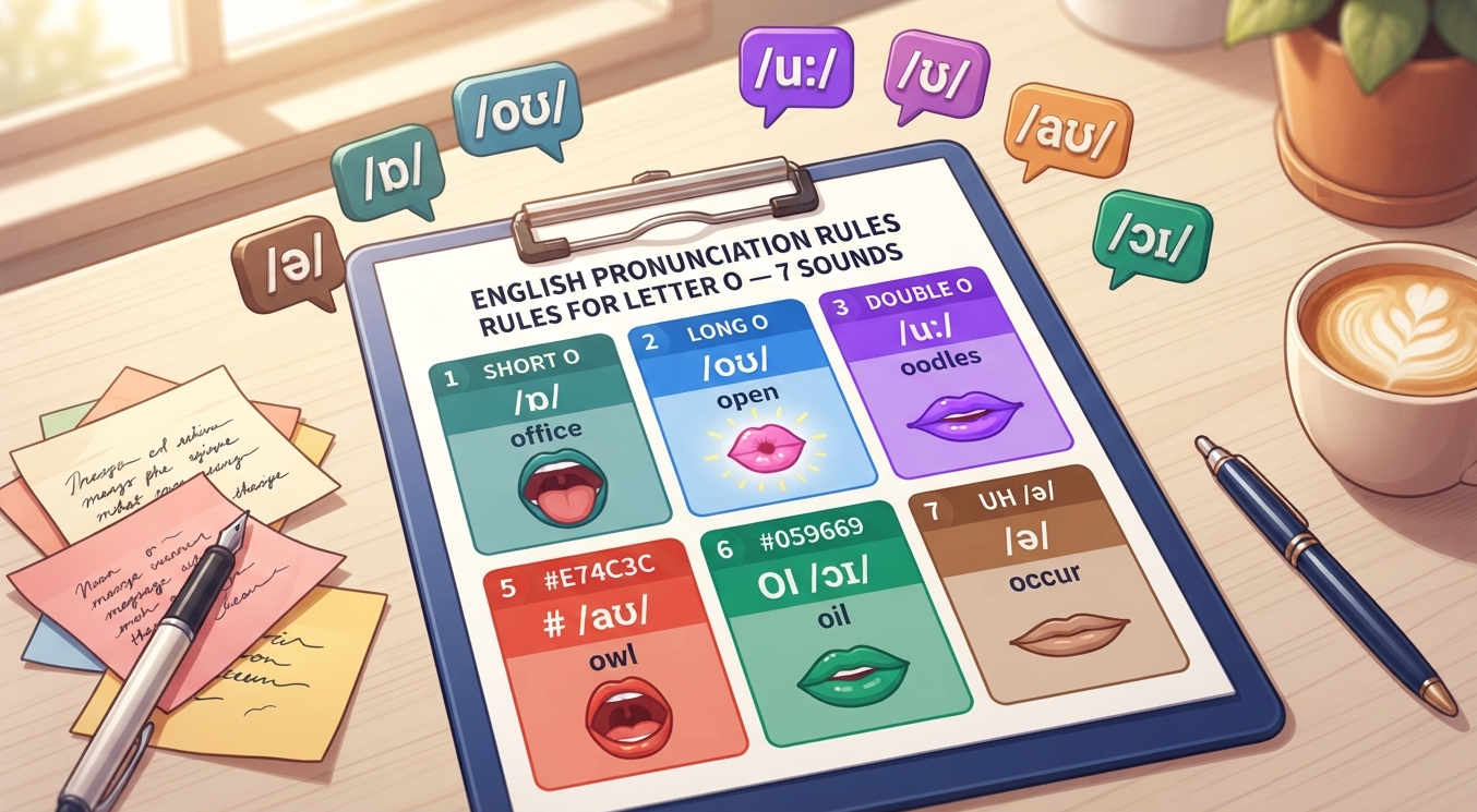 English Pronunciation Rules for Letter O — /ɒ/ as in office · /oʊ/ as in open · /uː/ as in oodles · /ʊ/ as in book · /aʊ/ as in owl · /ɔɪ/ as in oil · /ə/ as in occur.