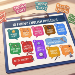 10 Funny English Phrases — Hunky Dory = everything is fine · Topsy Turvy = messy · Razzle Dazzle = flashy · Fuddy Duddy = old-fashioned · Wishy Washy = indecisive.