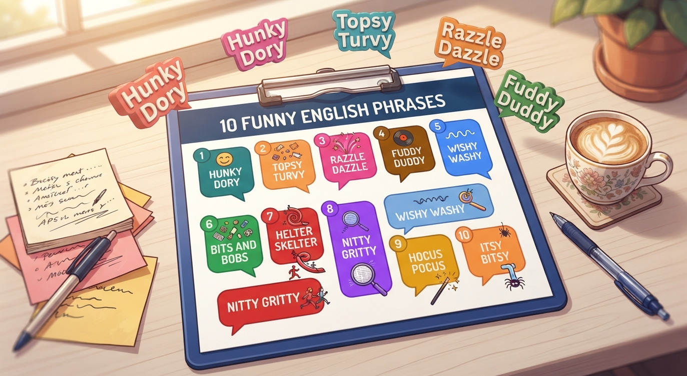 10 Funny English Phrases — Hunky Dory = everything is fine · Topsy Turvy = messy · Razzle Dazzle = flashy · Fuddy Duddy = old-fashioned · Wishy Washy = indecisive.