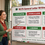 Teacher explaining IELTS General letter writing tips on a classroom whiteboard with sections for formal, semi-formal, informal letters and scoring criteria