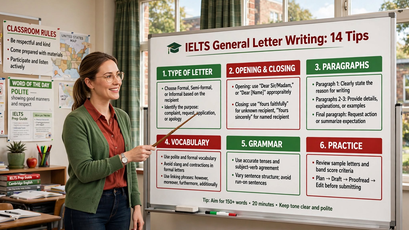 Teacher explaining IELTS General letter writing tips on a classroom whiteboard with sections for formal, semi-formal, informal letters and scoring criteria