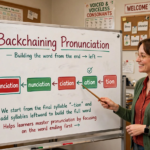 Teacher explaining backchaining pronunciation technique on a classroom whiteboard, breaking long words into syllables from the end