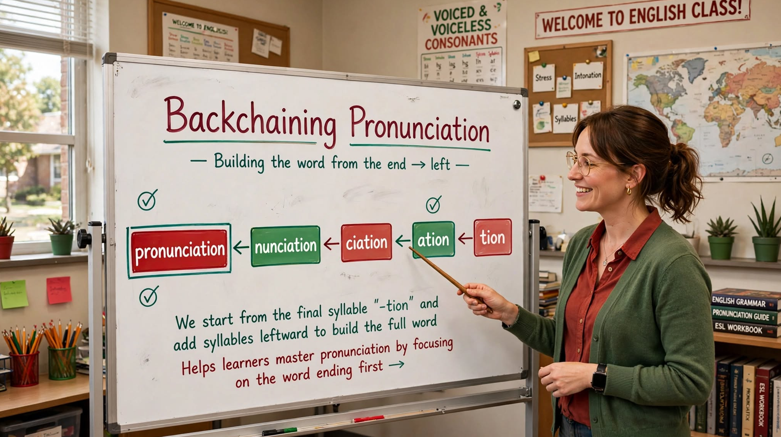 Teacher explaining backchaining pronunciation technique on a classroom whiteboard, breaking long words into syllables from the end