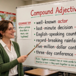 Teacher explaining compound adjectives with hyphens and number rules on a classroom whiteboard, showing examples like well-known actor and three-day conference