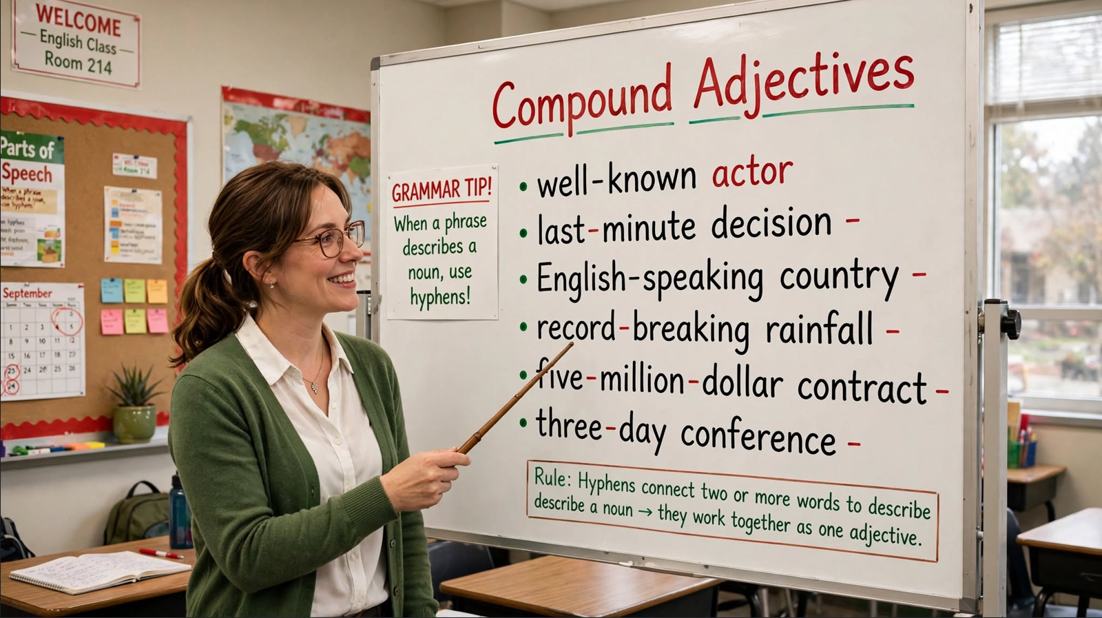 Teacher explaining compound adjectives with hyphens and number rules on a classroom whiteboard, showing examples like well-known actor and three-day conference