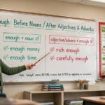 Teacher explaining enough grammar rules on a classroom whiteboard with examples of enough before nouns and after adjectives and adverbs