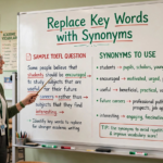 Teacher explaining how to replace key words in an essay question with synonyms on a classroom whiteboard, showing a sample question and synonym lists