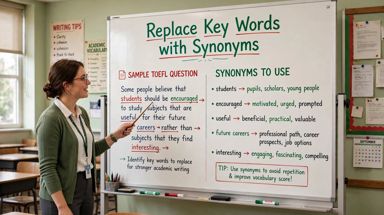 Teacher explaining how to replace key words in an essay question with synonyms on a classroom whiteboard, showing a sample question and synonym lists
