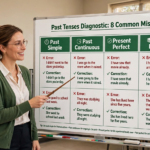 Teacher explaining past tense diagnostic with eight common mistakes and corrections on a whiteboard
