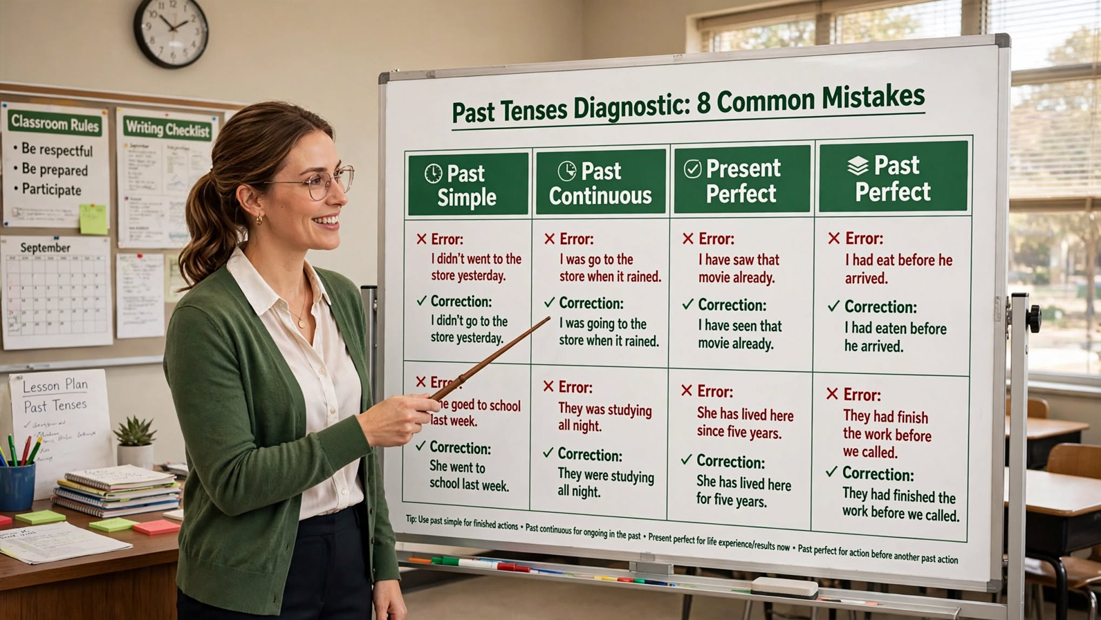 Teacher explaining past tense diagnostic with eight common mistakes and corrections on a whiteboard