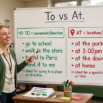 Teacher explaining the difference between the prepositions to (movement) and at (location) on a classroom whiteboard with examples